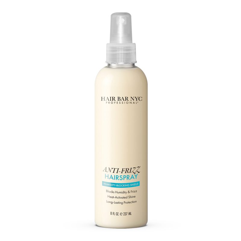 A tall, cream spray bottle labeled “Anti-Frizz Hairspray.” The 8 fl oz (237 mL) bottle with a clear nozzle blocks humidity, controls frizz, and offers long-lasting protection.