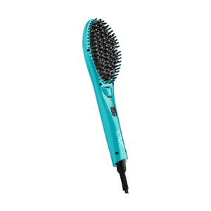 The Ionic Hair Straightener Brush is turquoise with black bristles and tips, “IONIC” on the handle, front control buttons, and a black power cord at the base. The brush is shown against a plain white background.