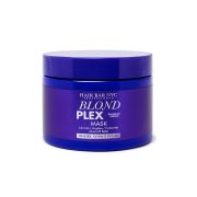 A round, purple jar of Hair Bar NYC Professional Blond Plex Mask is shown against a white background. The label highlights it is for platinum, blonde, or white hair, infused with keratin, and free of parabens and sulfates.