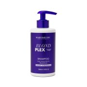 A white bottle with a purple pump labeled Hair Bar NYC PROFESSIONAL BLOND PLEX SHAMPOO for blonde, platinum, or balayage hair. The 300 mL (10 fl oz) bottle features silver and white text on a purple label against a white background.
