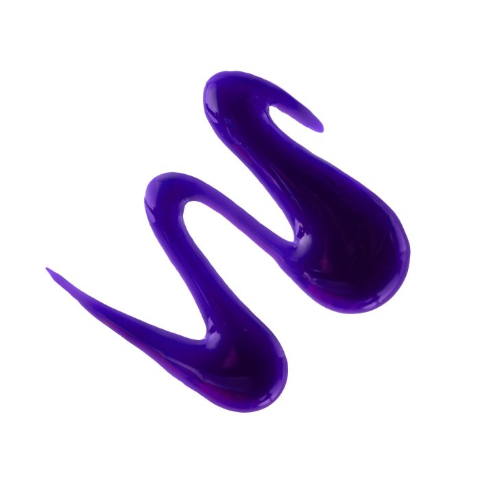 A smear of glossy, purple gel forms two smooth, mirrored S-shapes on a white background. The gel is thick and vibrant, with light reflecting on its shiny, semi-transparent surface.