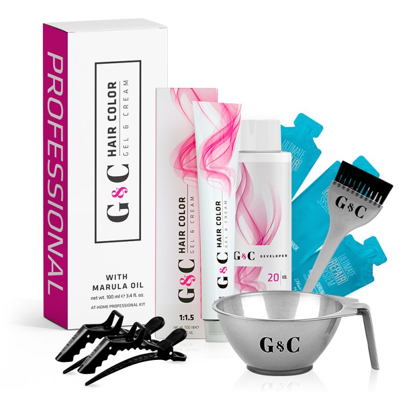 A Professional Hair Color Home Kit (1 Tube) is displayed with a white and pink box, hair dye tube, developer bottle, two blue sachets, applicator brush, four black clips, and a metallic bowl—all featuring the G&C logo.