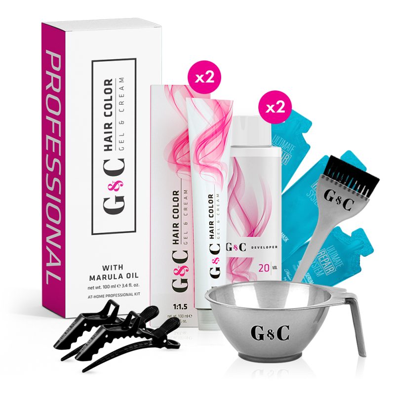 The Professional Hair Color Home Kit (2 Tubes) includes two G&C Hair Color Gel Cream tubes with marula oil, two developer bottles, blue treatment sachets, black hair clips and brush, plus a silver mixing bowl—everything is neatly arranged.