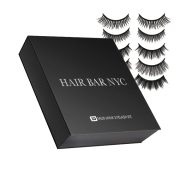 A black rectangular HAIR BAR NYC box labeled "3D Faux Mink Eyelash Kit" sits left, while four pairs of dramatic, voluminous, layered, and wispy 3D Faux Mink Lashes are displayed to the right.
