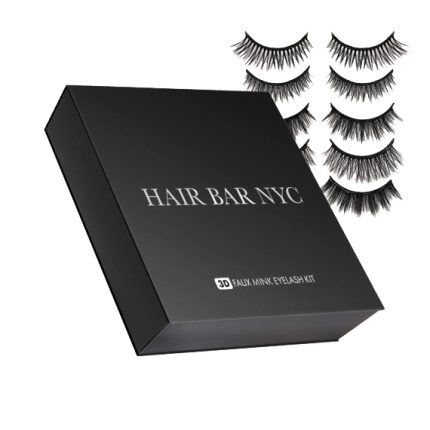 A black rectangular HAIR BAR NYC box labeled "3D Faux Mink Eyelash Kit" sits left, while four pairs of dramatic, voluminous, layered, and wispy 3D Faux Mink Lashes are displayed to the right.