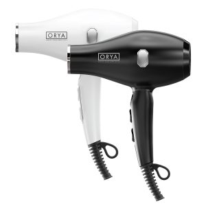 Two ORYA Professional Ionic Hair Dryers, one white and one black, are shown side by side. Each features a sleek design, a loop at the handle’s base, an on/off switch, and the ORYA logo on the side.