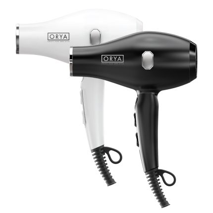 Two ORYA Professional Ionic Hair Dryers, one white and one black, are shown side by side. Each features a sleek design, a loop at the handle’s base, an on/off switch, and the ORYA logo on the side.