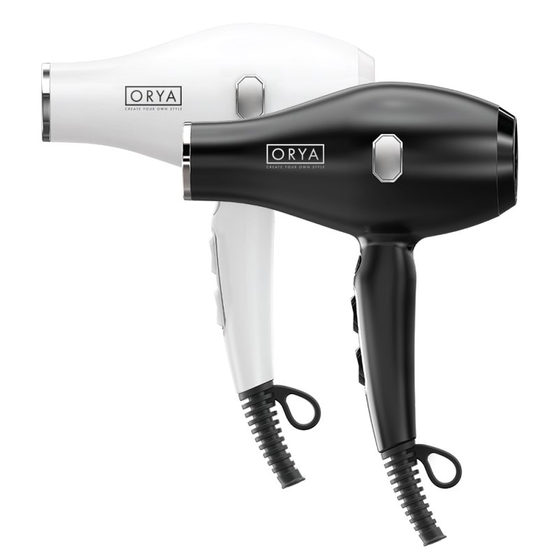 Two ORYA Professional Ionic Hair Dryers, one white and one black, are shown side by side. Each features a sleek design, a loop at the handle’s base, an on/off switch, and the ORYA logo on the side.
