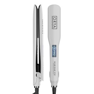The ORYA Professional Ionic Flat Iron is shown open and closed, featuring black ceramic plates, a blue “Pro” sticker, a swivel cord, and displaying “ORYA,” “Hair by RNYC 110-240V.”.