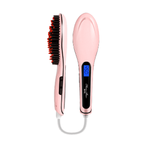 The Hair Straightening Brush features a pink body, black bristles with red tips, a digital display showing 450°F, temperature control buttons on the handle, and a white cord. Shown from side and front views.