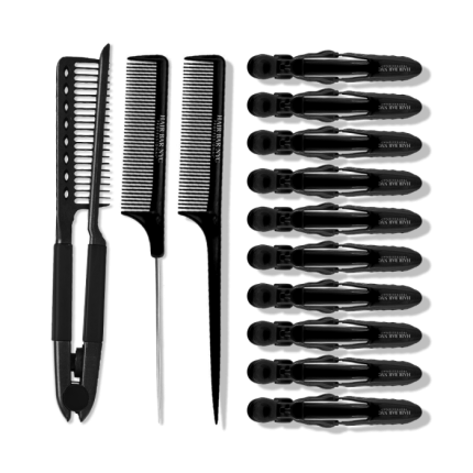 The Professional Hair Tools Kit is shown on a white background, featuring black thinning shears, two pointed-handle teasing combs, and ten sectioning clips arranged in a neat row.