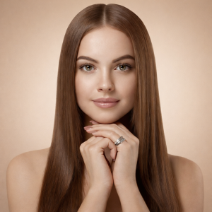 A young woman with long, straight brown hair—smoothed by Silk Touch Plus Keratin Treatment—poses calmly in front of a beige background, hands gently under her chin, wearing a silver ring and natural makeup.