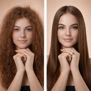 Side-by-side portraits show the same woman: on the left, her red-brown hair is voluminous and frizzy; on the right, after Silk Touch Plus Keratin Treatment, it's straight, smooth, and glossy. In both shots, she rests her chin on her hands against a soft beige background.