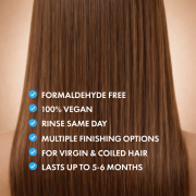 A person with long, shiny brown hair is shown from behind. Six blue check marks highlight Silk Touch Plus Keratin Treatment features: formaldehyde free, 100% vegan, same-day rinse, and more.