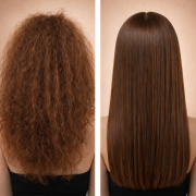 A side-by-side image shows a woman’s back with her hair before and after Silk Touch Plus Keratin Treatment: frizzy, voluminous curls on the left and smooth, straight hair on the right, both set against a neutral background.