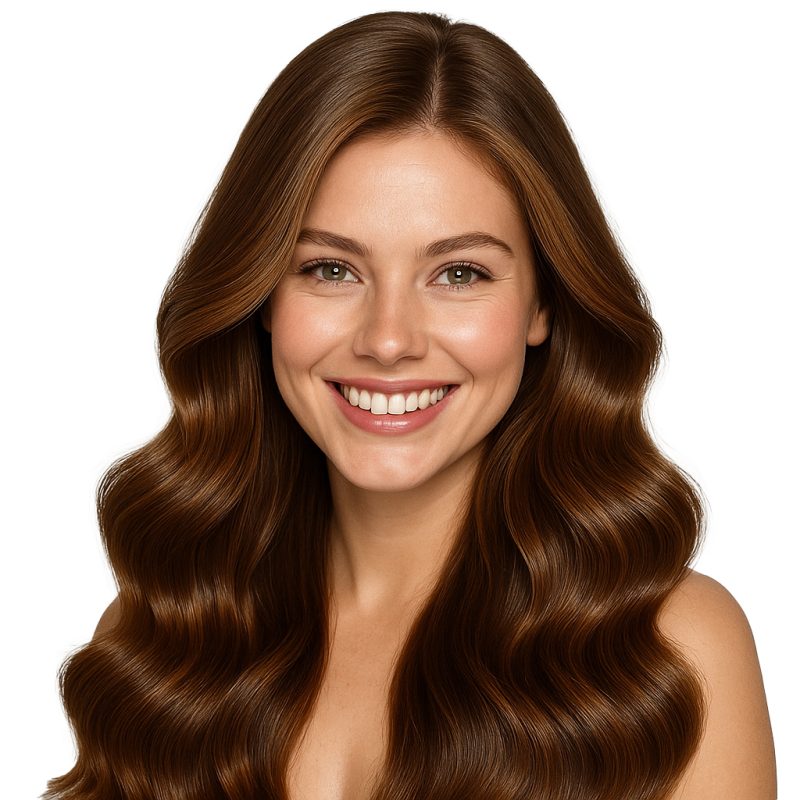 A young woman with long, wavy brown hair and fair skin smiles warmly at the camera, showcasing glossy, well-groomed hair achieved with a Single Premium Blowout. The plain white background highlights her cheerful expression and beautiful results.