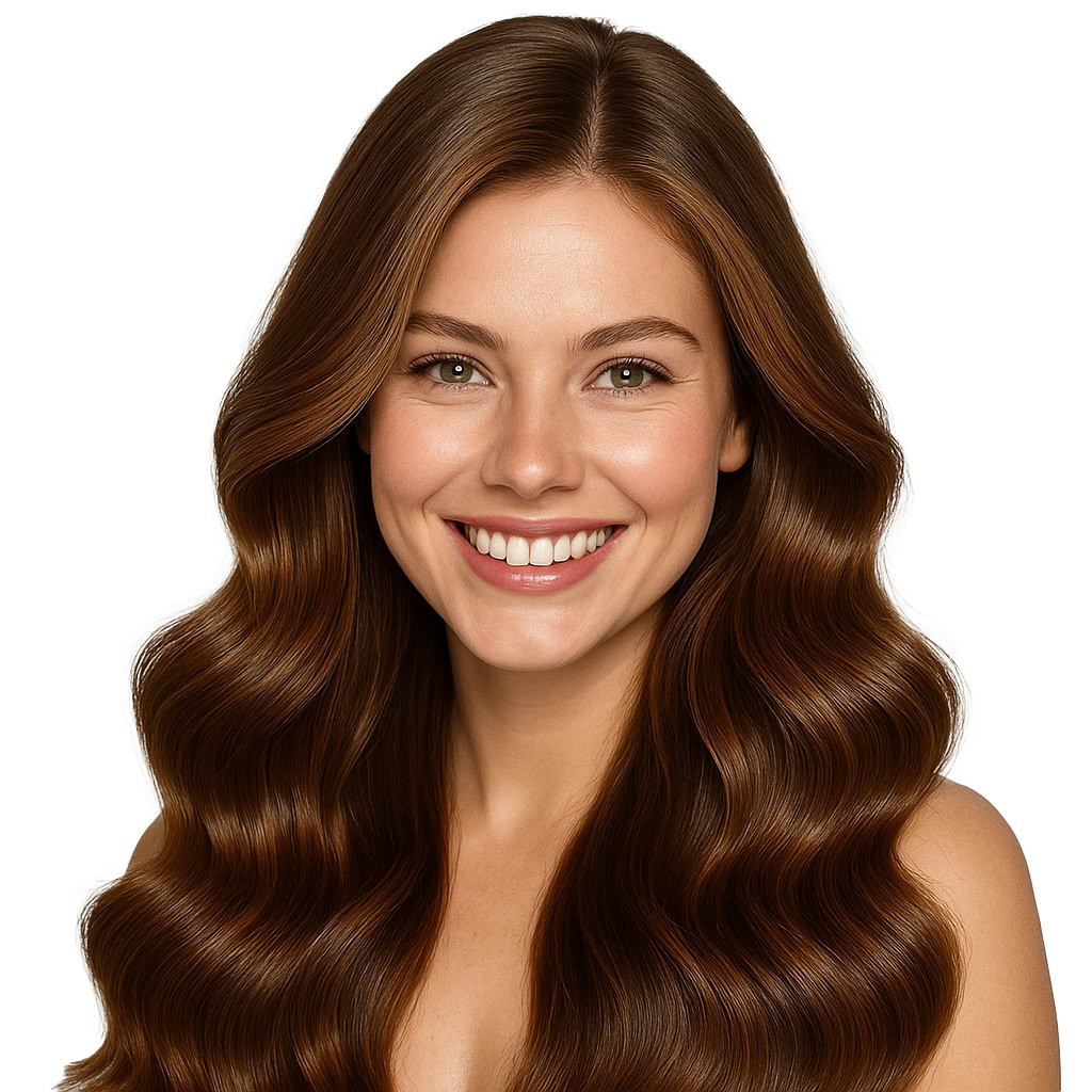 A young woman with long, wavy brown hair and fair skin smiles warmly at the camera, showcasing glossy, well-groomed hair achieved with a Single Premium Blowout. The plain white background highlights her cheerful expression and beautiful results.