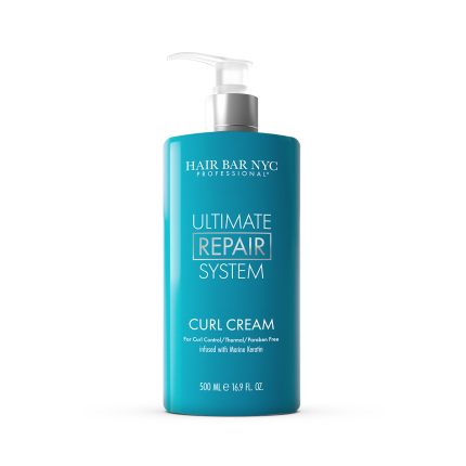 The Ultimate Repair System Curl Cream by HAIR BAR NYC PROFESSIONAL, in a teal 500 mL (16.9 fl oz) pump bottle, controls curls, is thermal and paraben free, and is infused with marine keratin.