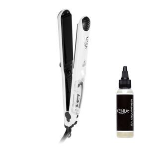 A Ceramic Steam Flat Iron 1.25” in white and black, with a transparent compartment, stands upright next to a small Xenia X.P. Argan Infuser bottle on a plain white background, highlighting both the sleek styling tool and hair product.