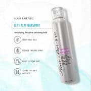 A silver can of Let’s Play Finishing Spray for Hair stands upright on a light background. Blue and black text highlights its exceptional hold, flexible spray, suitable for long hair, and free movement, with icons showing each benefit.