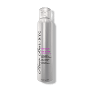 A tall silver can of “Hair Bar NYC” Let’s Play Finishing Spray for Hair stands upright on a white background. The black logo runs vertically, and black and purple text reads: “Hairspray Let’s Play.” A clear plastic cap tops the can.