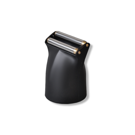 A black, handheld Hair Nozzle Dazzle device with two parallel metal rollers on top sits upright on a white background—its sleek, ergonomic body is designed for grooming or skincare use.