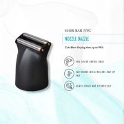 A black Hair Nozzle Dazzle attachment with two metal rollers is shown. Text notes: “HAIR NOZZLE DAZZLE cuts blow drying time up to 90%,” “360° metal rollers heat quickly,” and “glides evenly and effortlessly.”.