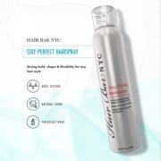 A silver can of Stay Perfect stands upright on a light blue and white background, with icons listing texture, natural shine, and finishing spray. Text highlights its strong hold, flexible shape, and suitability for any hairstyle.