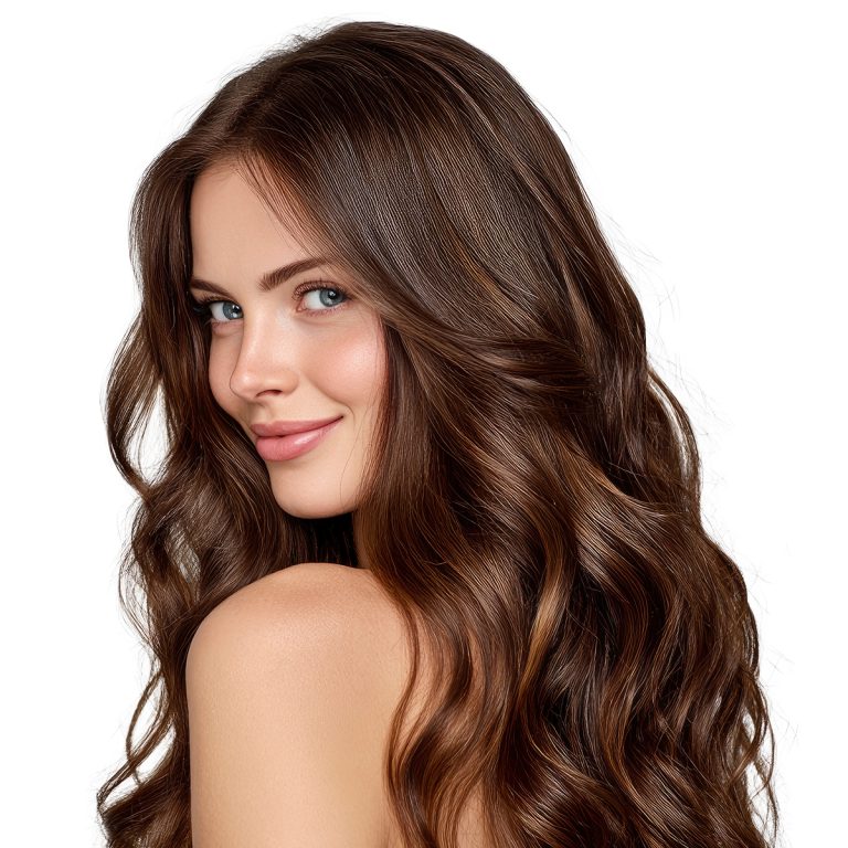A woman with long, wavy brown hair and blue eyes, smiling softly over her shoulder against a white background, showcases glossy, voluminous locks after using Diamond Hair Botox Repair Treatment with Blowout.