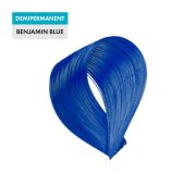 A vivid blue hair color swatch forms a loop on a plain white background. The top left displays two labels