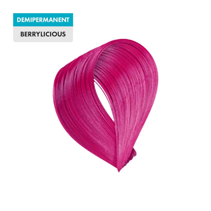 A teardrop-shaped lock of vibrant magenta hair is shown on a white background. Top left labels read G&C Hair Color