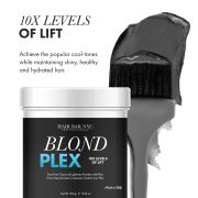 A sleek jar labeled Blond Plex Charcoal Lightening Powder by Hair Bar NYC sits beside a brush coated with black product. Above, text reads "10X LEVELS OF LIFT" and highlights cool-toned, shiny, hydrated hair results.