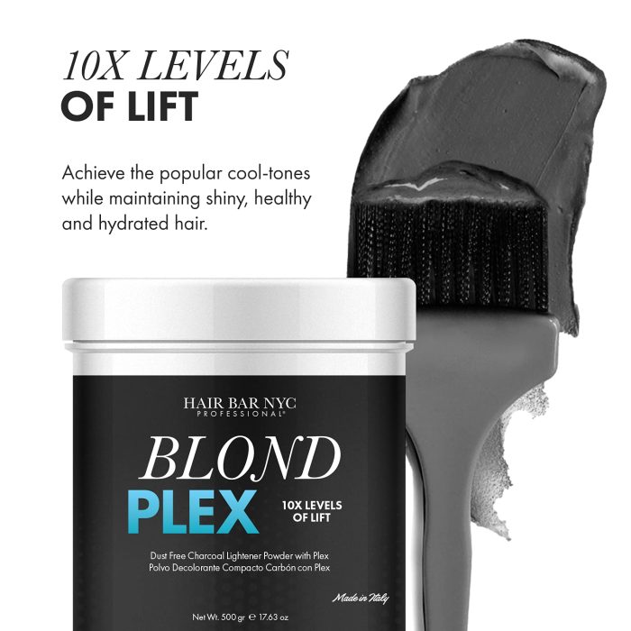 A sleek jar labeled Blond Plex Charcoal Lightening Powder by Hair Bar NYC sits beside a brush coated with black product. Above, text reads "10X LEVELS OF LIFT" and highlights cool-toned, shiny, hydrated hair results.