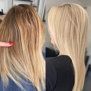 Side-by-side comparison of a woman's hair before (left) and after (right) using Blond Plex Charcoal Lightener and Violet Developer Kit; left shows dull, uneven blonde, right shows smooth, shiny, evenly toned platinum blonde.