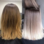 Side-by-side hair comparison: left shows dull, frizzy, reddish-brown hair with uneven ends; right shows hair after Blond Plex Charcoal Lightening Powder—now straight, smooth, shiny, with an even ash-blonde gradient and sharper ends.