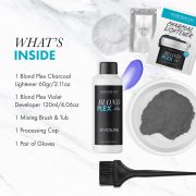 Flat lay of Blond Plex Charcoal Lightener and Violet Developer Kit with bleach powder packet, violet developer bottle, cap, gloves, mixing tub with dark powder, black brush, purple scoop, and “What’s Inside” list on a white marble background.
