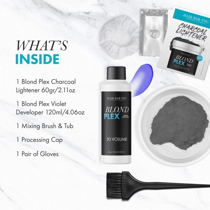 Flat lay of Blond Plex Charcoal Lightener and Violet Developer Kit with bleach powder packet, violet developer bottle, cap, gloves, mixing tub with dark powder, black brush, purple scoop, and “What’s Inside” list on a white marble background.