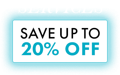 A rectangular sign with a faint blue glow reads “SAVE UP TO 20% OFF” in bold black and blue text on a white background. The top of the word “SERVICES” is faintly visible above the box, hinting at Hair Bar NYC’s exclusive deals.